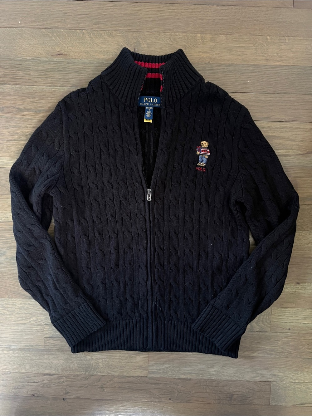 Polo by Ralph Lauren Black Cable-Knit Zip Sweater with Bear Size Boys Large